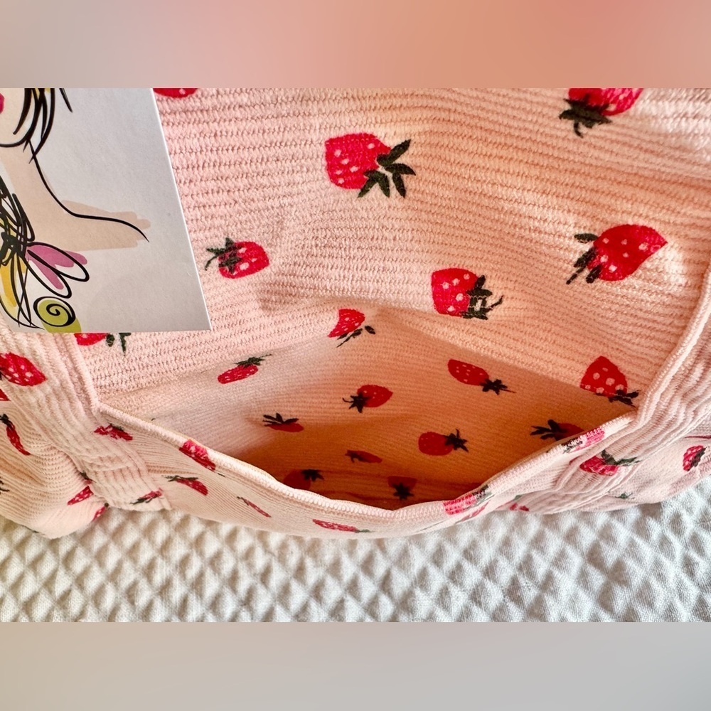 New Pink Corduroy Strawberry Purse Tote Bag w/ Pocket, Zipper, Crochet Accent - Picture 7 of 11
